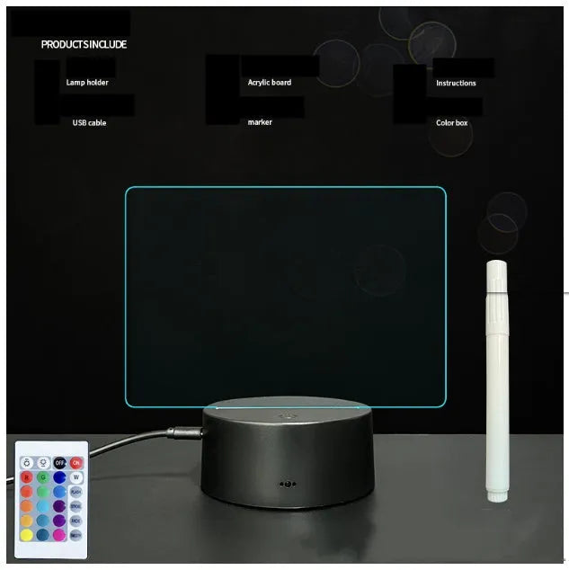 3D acrylic LED message board night light on a desk, showing illuminated surface and remote control
