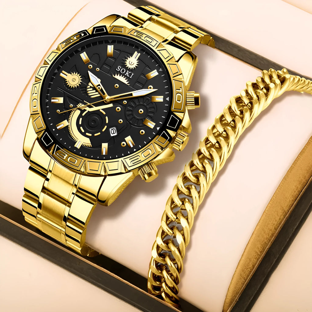 Gold-coloured men's stainless steel quartz watch with business styling and 10mm thickness