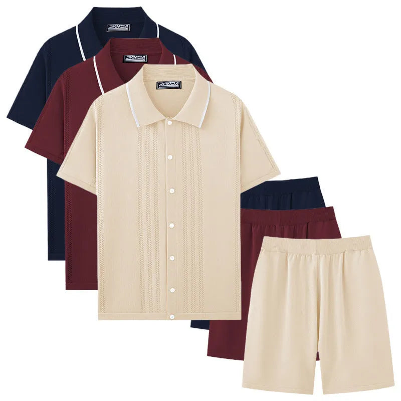 Tencel viscose knitted business casual two-piece set showing short sleeve top and matching shorts.
