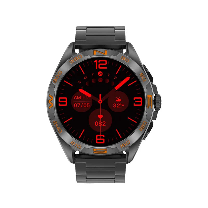 Black smart watch with touch screen displaying health metrics and WhatsApp messages on wrist.