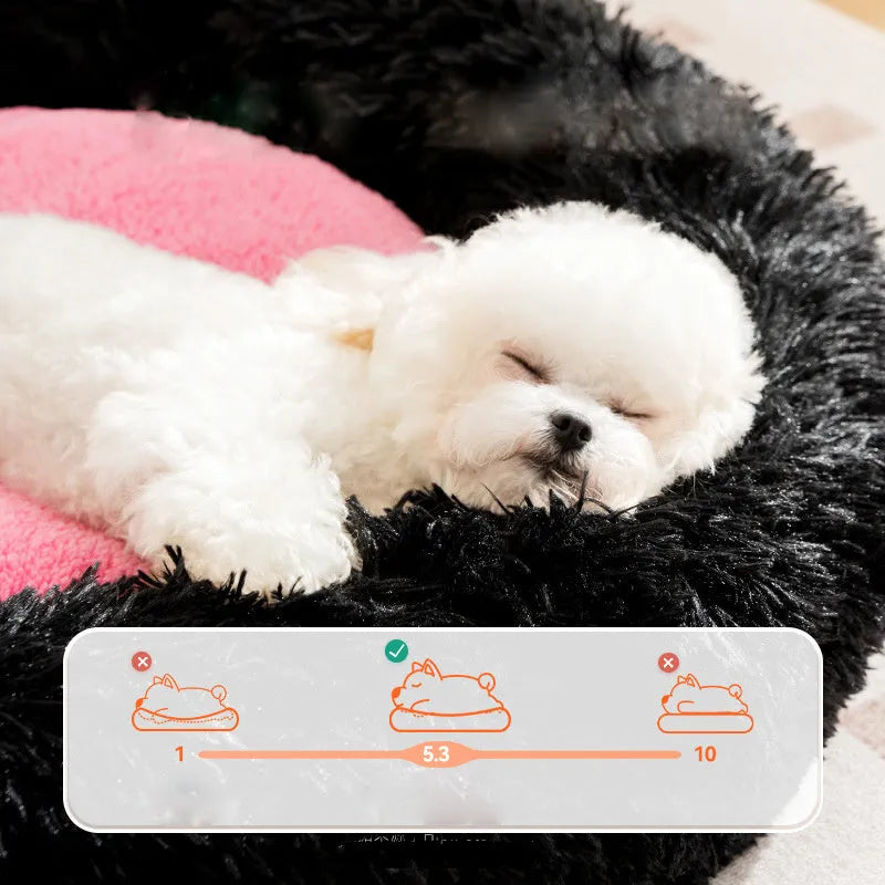 Elf Briquettes blue plush kennel-style dog bed or cat bed with raised bolster edges.