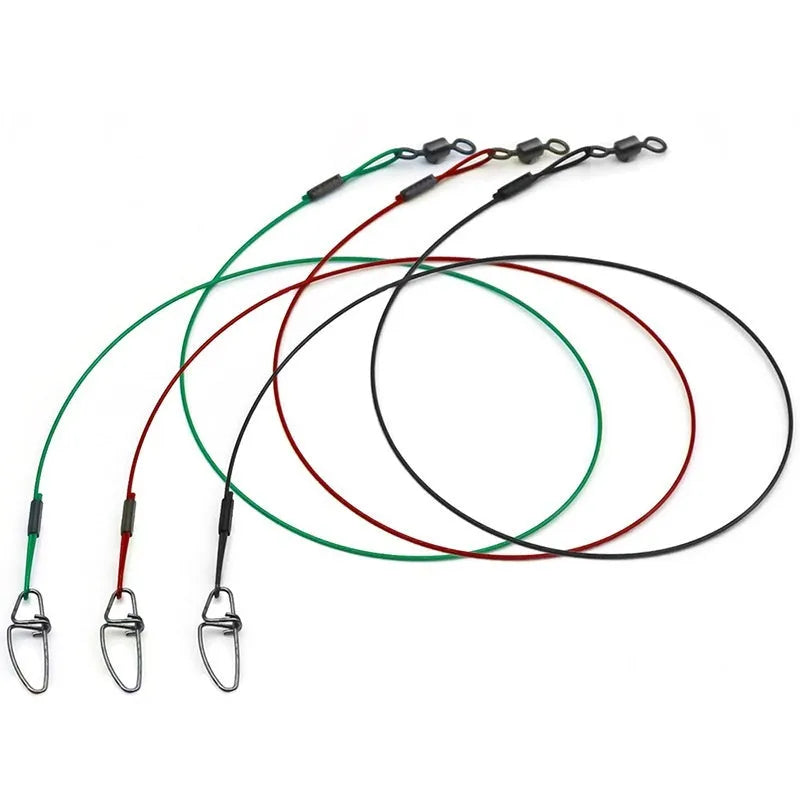 Anti-bite steel wire fishing gear accessories in green, black, and red colours with double buckle pins