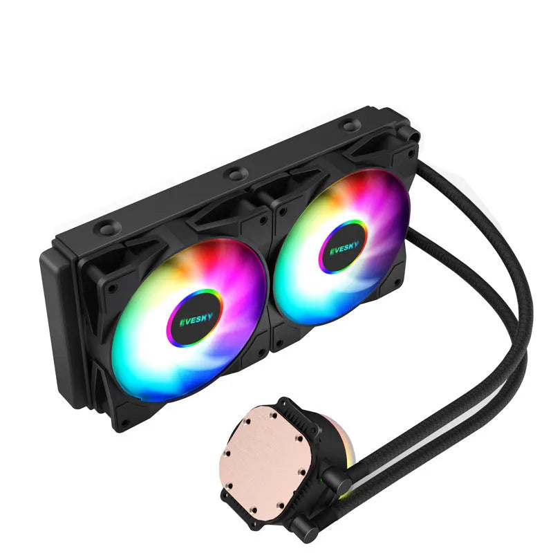 Aluminium CPU liquid cooling radiator with RGB illuminated fans mounted in a gaming PC case.