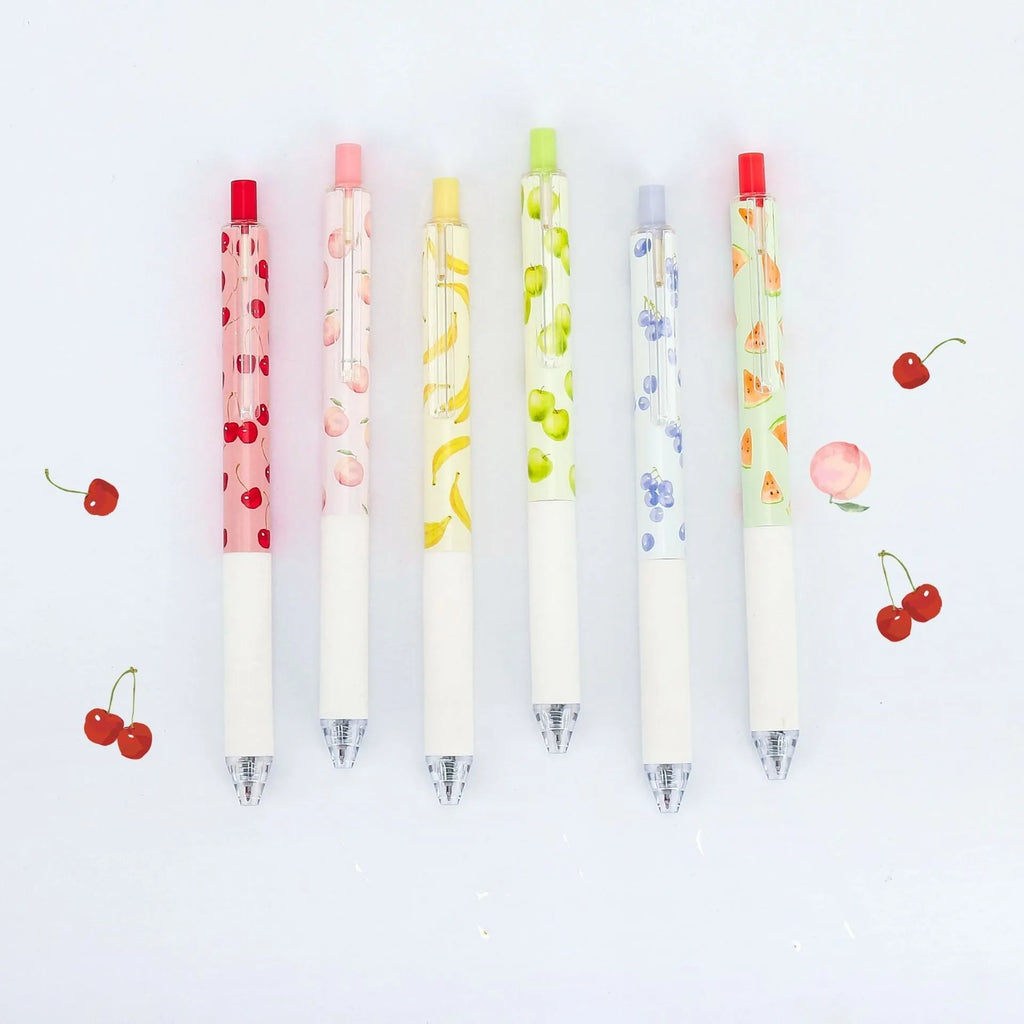 Three fruit scented pressurised pens with 0.5mm black refills and replaceable cartridges