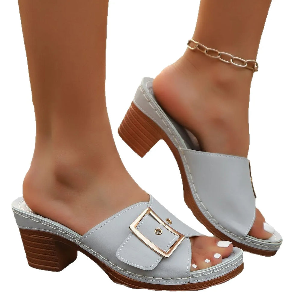 Women's retro chunky heel slippers with metal buckle in black and light blue colours