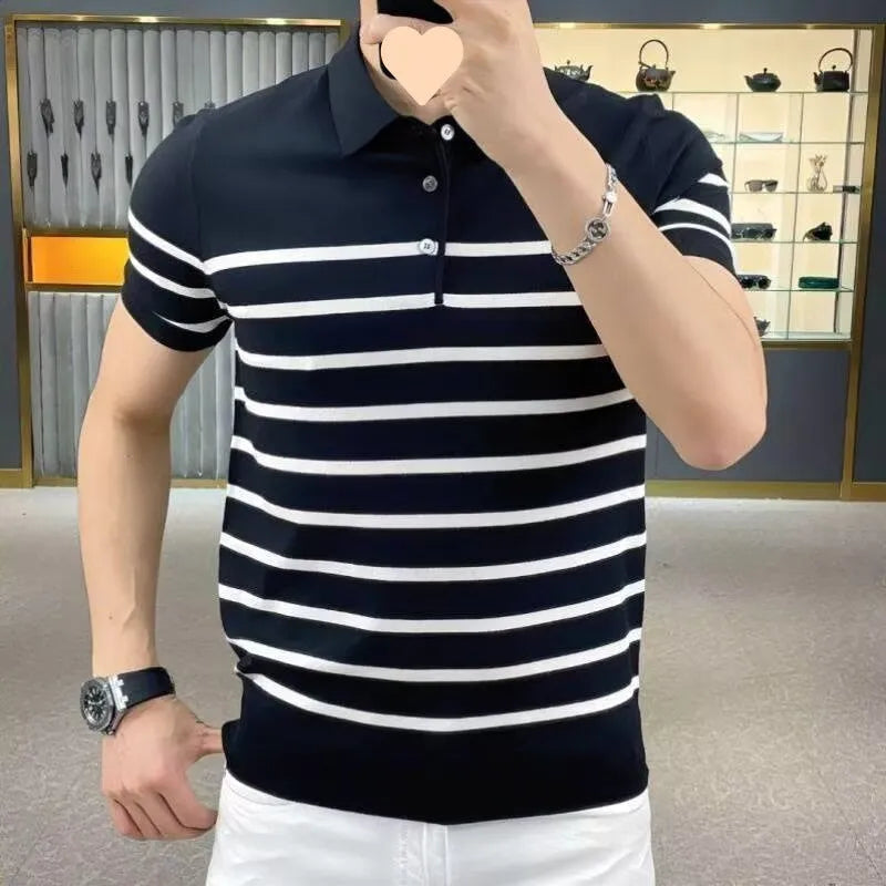 Black and white striped knitted T-shirt with a lapel collar, long sleeves, and a pullover style.