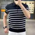 Black and white striped knitted T-shirt with a lapel collar, long sleeves, and a pullover style.