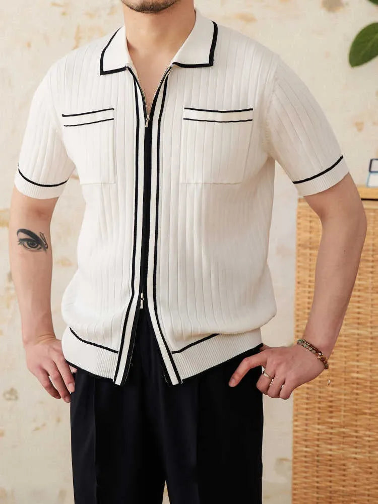Men's black slim fit short sleeve polo shirt with lapel collar on hanger