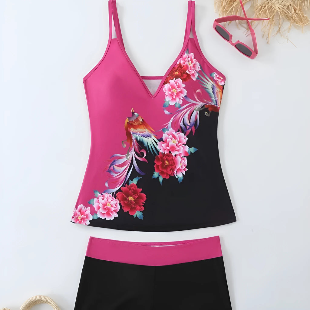Plus size women's two-piece swimsuit set in black or rose red, showing top and briefs-style bottoms.