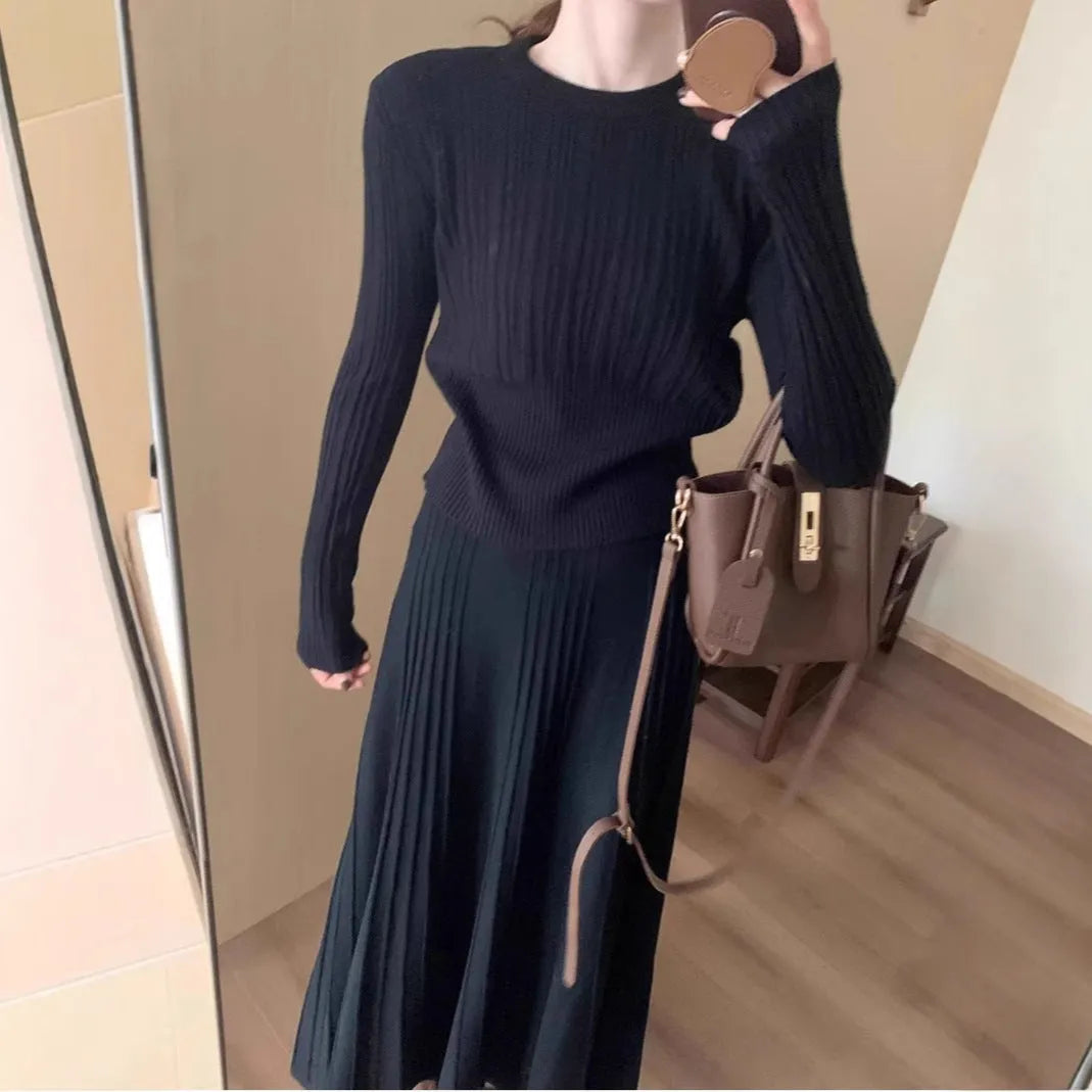 Women's dark grey knitted dress suit two-piece set with ethnic style patterns and free size fit