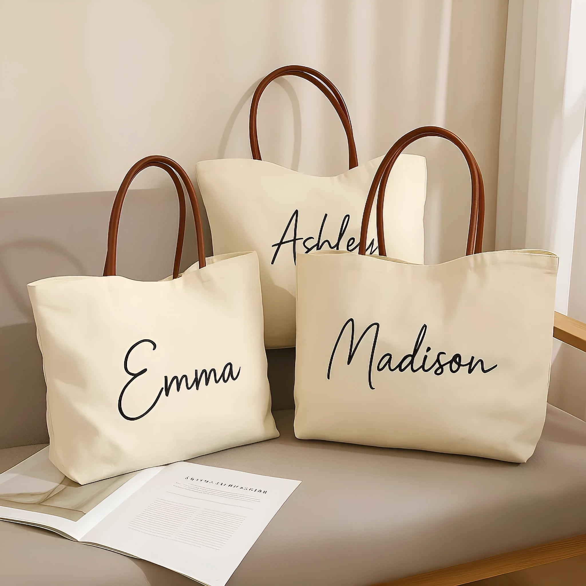 Beige white canvas tote bag with reinforced cotton handles and a flat base.