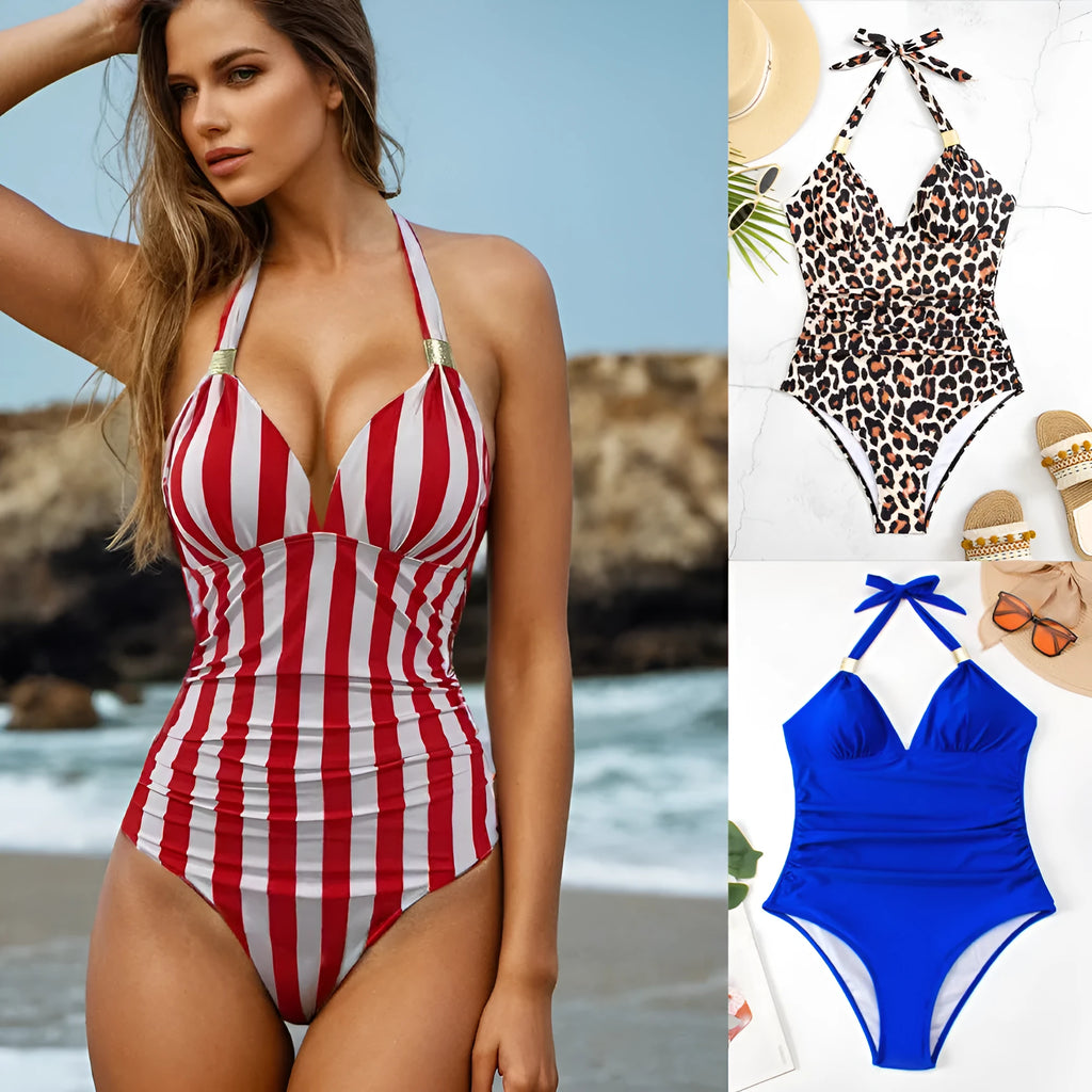 Women's one-piece swimsuit in quick-drying fabric, shown in a leopard print pattern.