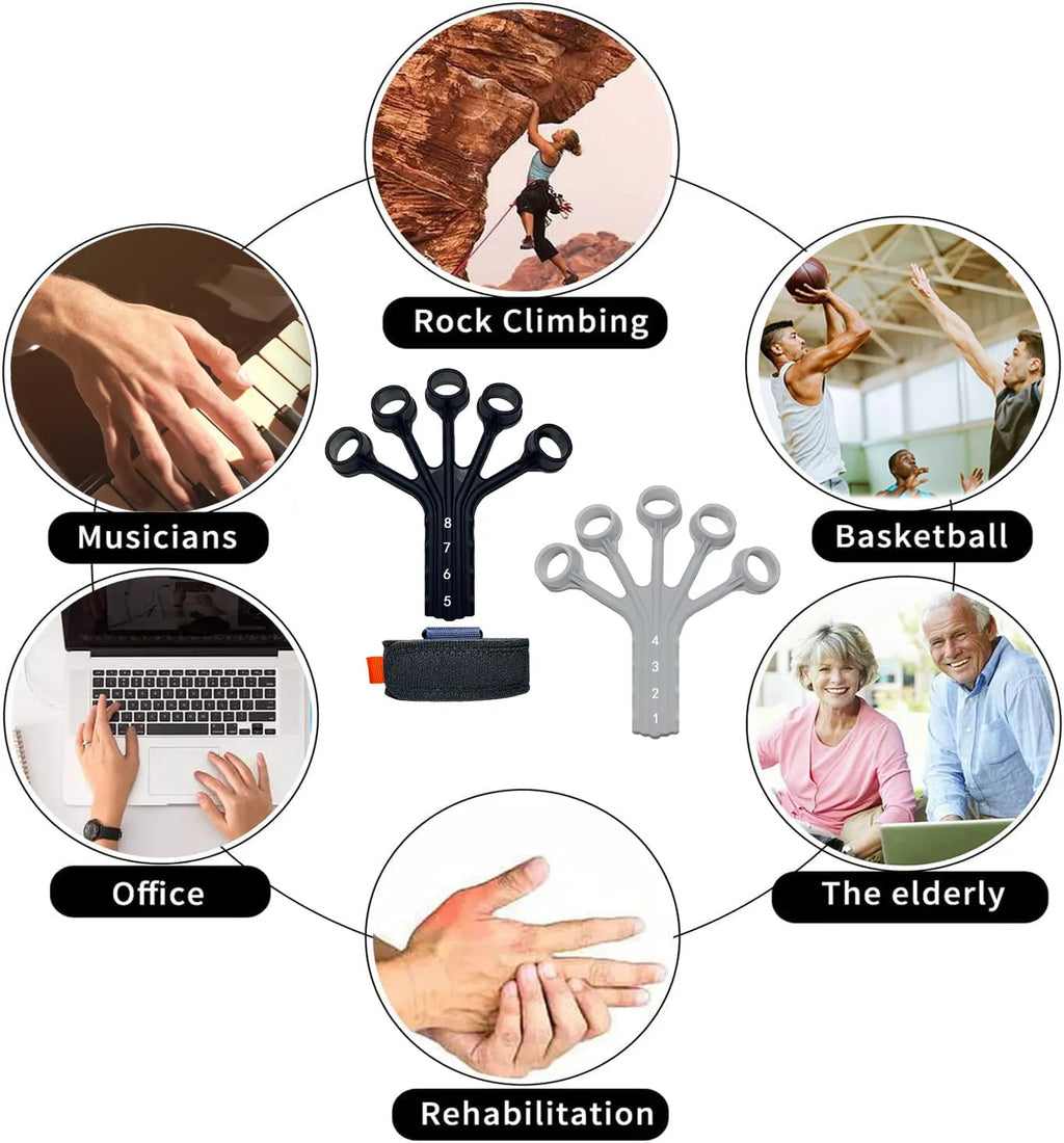 Black silicone finger trainer with adjustable belt for hand rehabilitation exercises