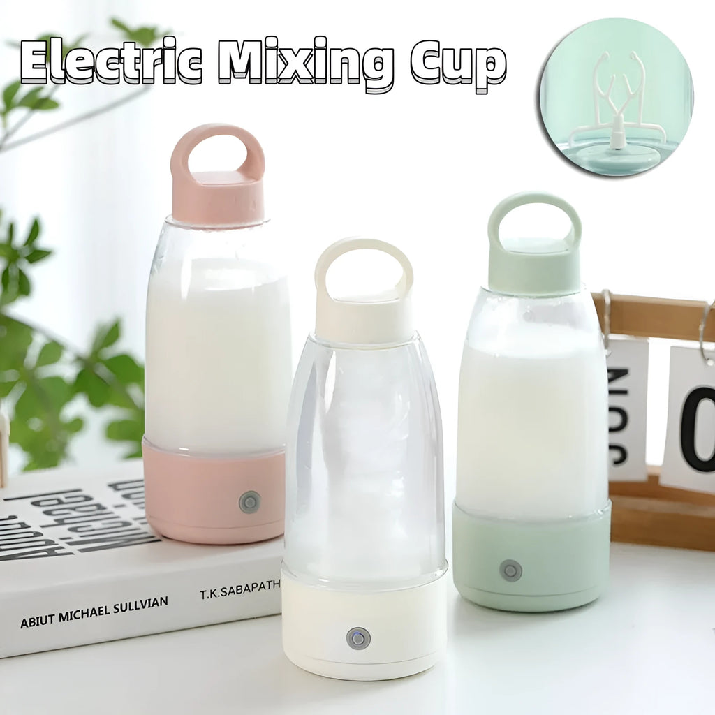 Automatic electric shaker bottle in green, pink, or white with USB charging port and carry handle.