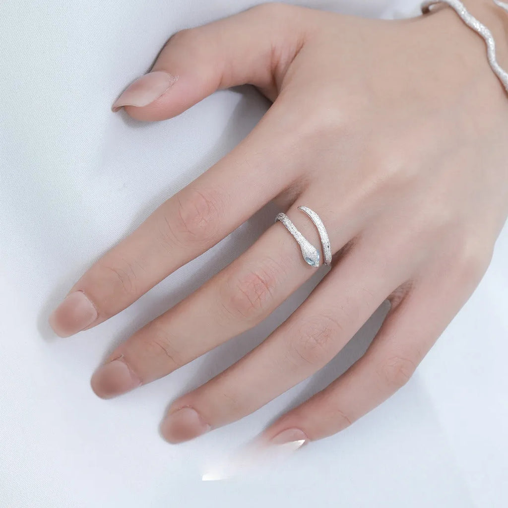 Sterling silver adjustable snake zodiac ring with platinum electroplated finish and cool minority styling