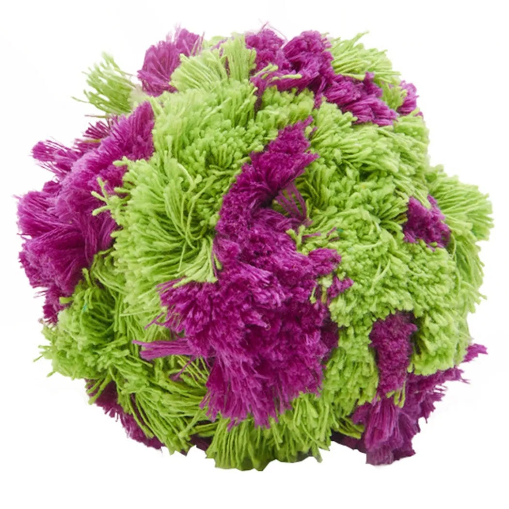 Purple plush seaweed ball dog chew toy for teething and interactive play
