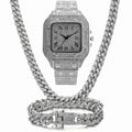 Roman numeral graduation quartz watch set with mesh band and square dial in gold, rose gold, or silver with matching bracelet and necklace