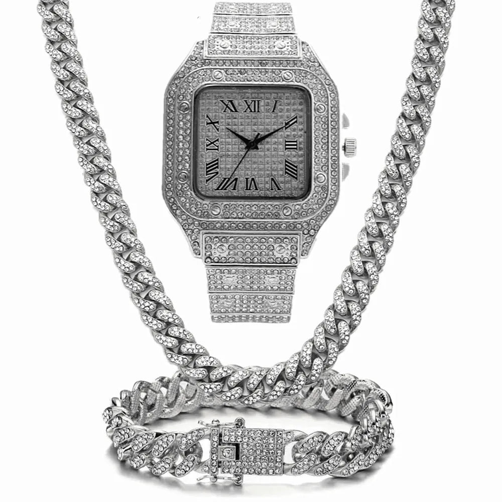 Roman numeral graduation quartz watch set with mesh band and square dial in gold, rose gold, or silver with matching bracelet and necklace