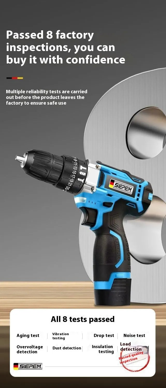 12V two-speed pistol grip impact drill and screwdriver set in a plastic storage case.