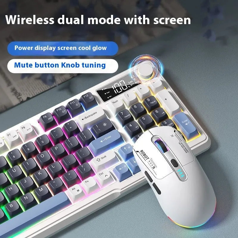 Blue and white wireless keyboard and mouse set on a desk, showing ball cap keycaps and compact design.