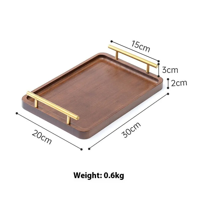 Brown handle bamboo square serving tray on a table, pastoral style solid colour.