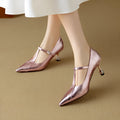 Genuine leather Mary Jane pumps with pointed toe and chunky mid-heel in gun colour.