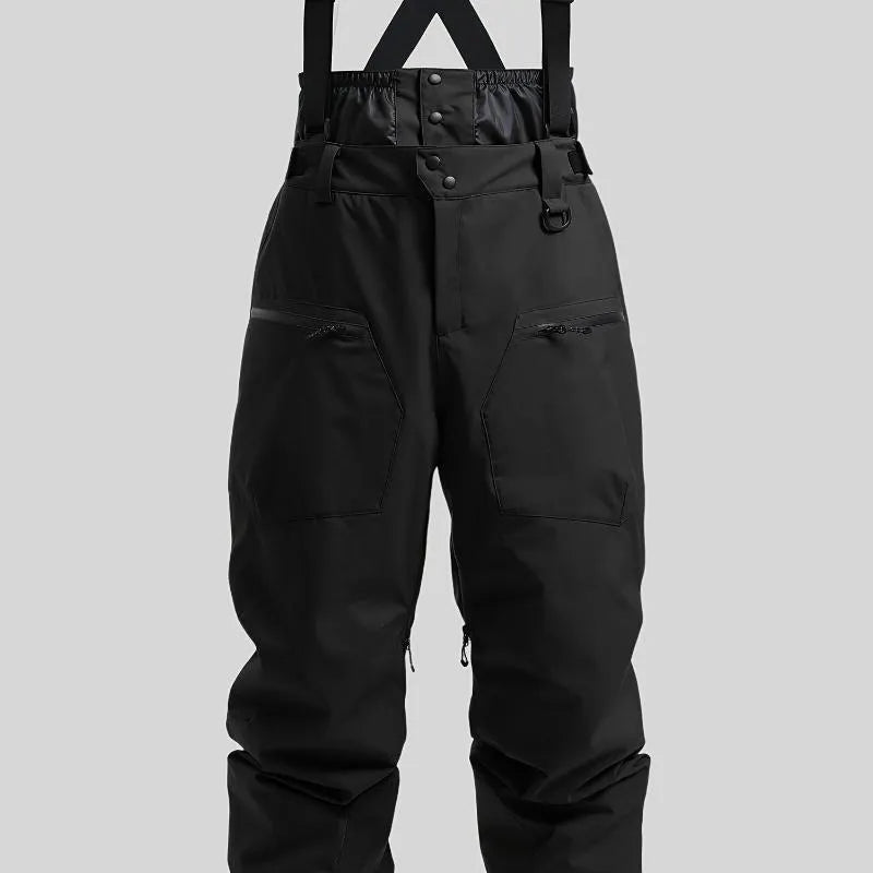 Men's black ski pants with thickened waterproof straps made from flame-retardant linen fabric