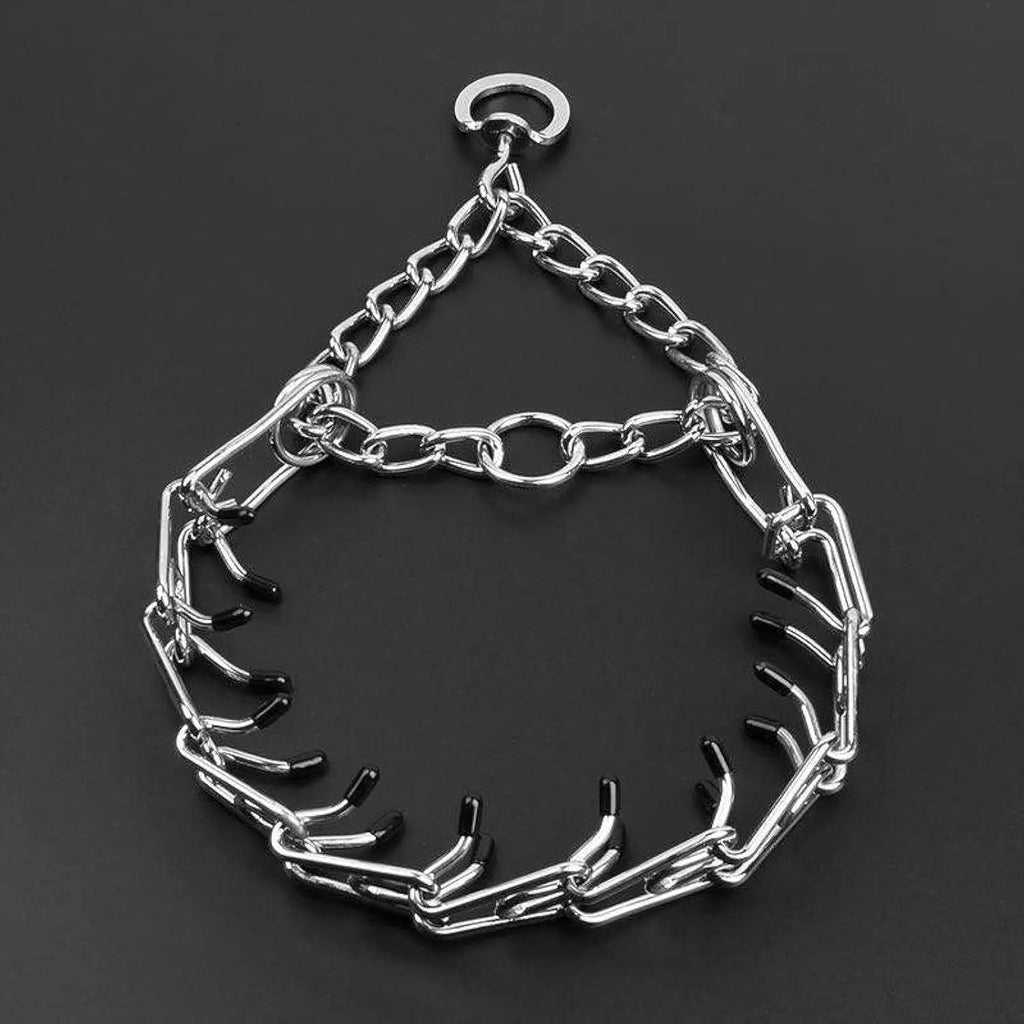 Stainless steel dog prong training collar with rubber tips, shown with adjustable links in four sizes.