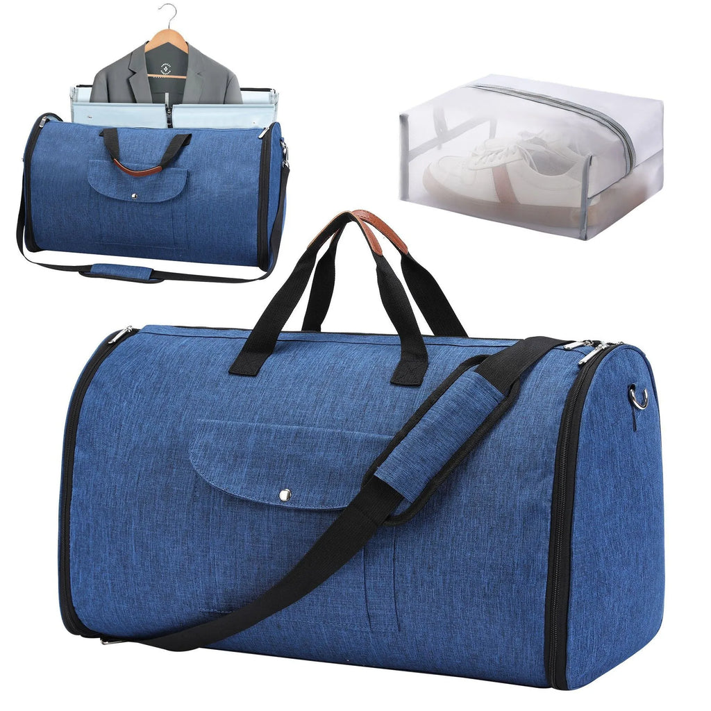 Dark blue folding duffel bag with handles, suitable for travel and gym use.