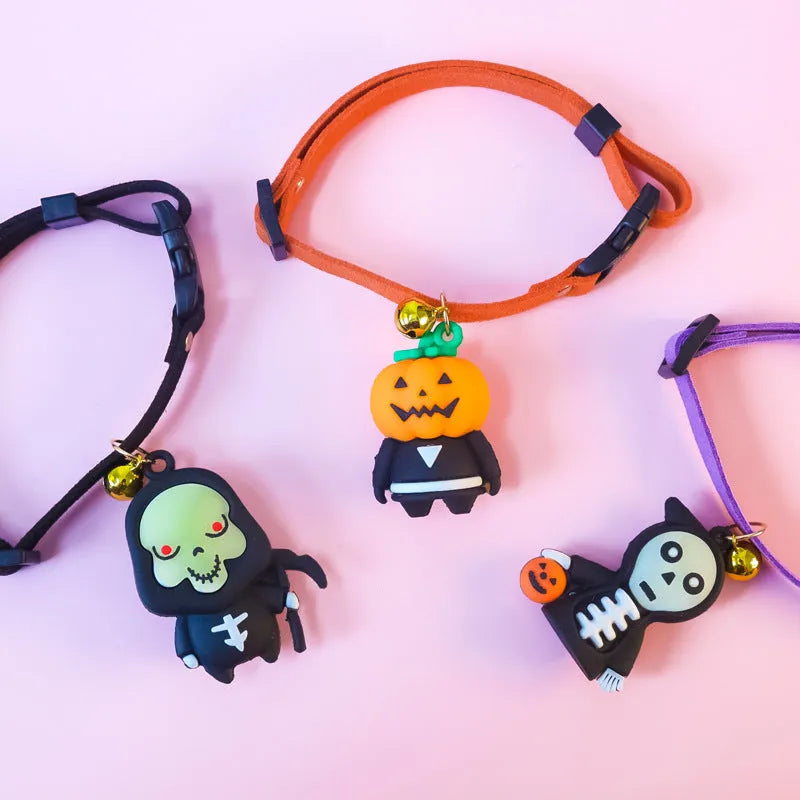 Halloween dog collar with luminous cartoon patterns in Pumpkin Man, Luminous Brat and Luminous Skull designs