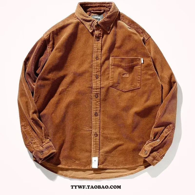 Caramel and grey loose fit corduroy shirt with Japanese Hong Kong style cardigan design for youth leisure wear