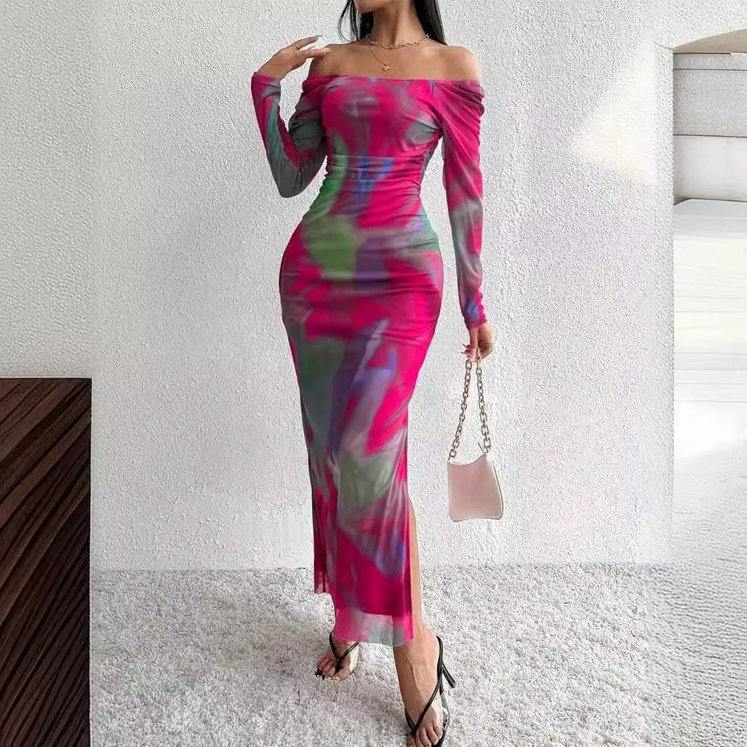 Women's printed pleated fishtail dress with square collar in gradient colour mesh fabric