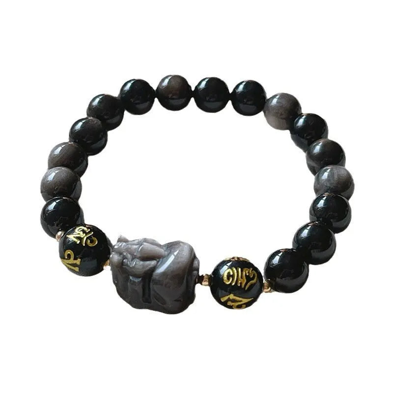 Men's silver stone bracelet with zodiac motifs, anniversary engraving and proverb beads in Chinese style