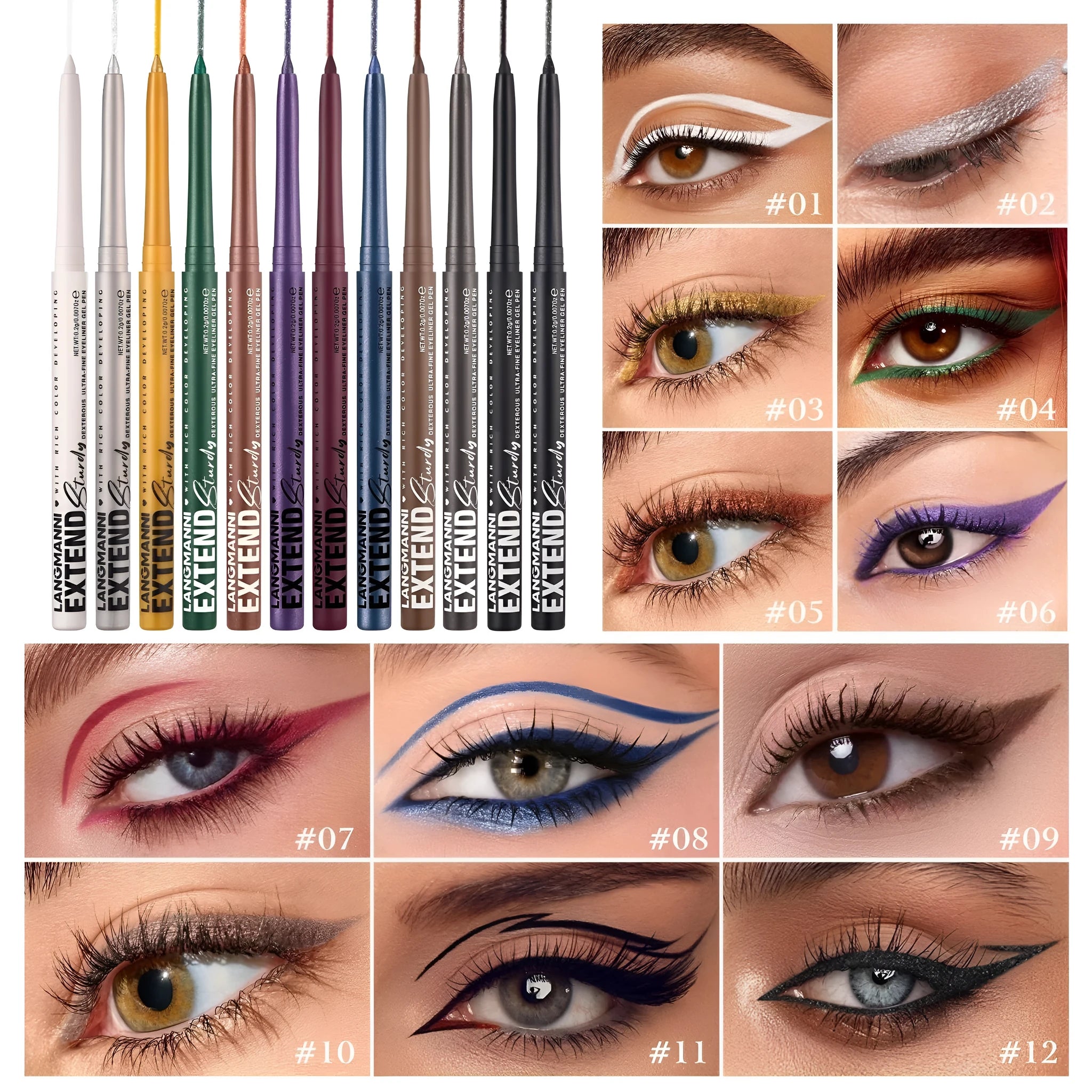 Set of 12 colourful gel eyeliner pencils with glitter, metallic, and matte tips displayed in a case.