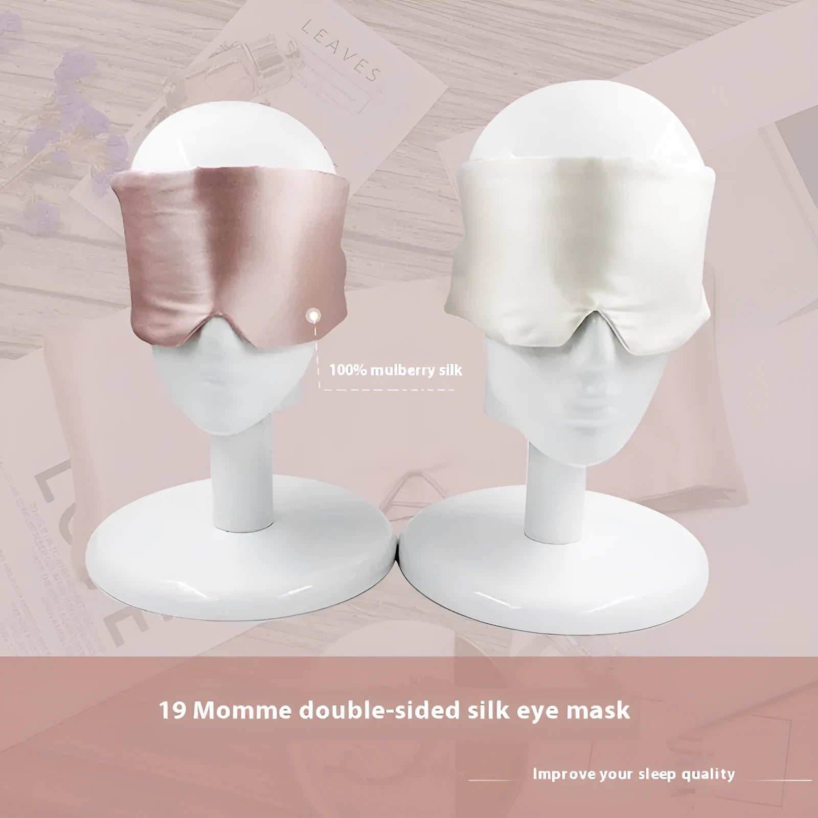 Mulberry silk sleep eye mask shown in champagne gold colour on a dark background.