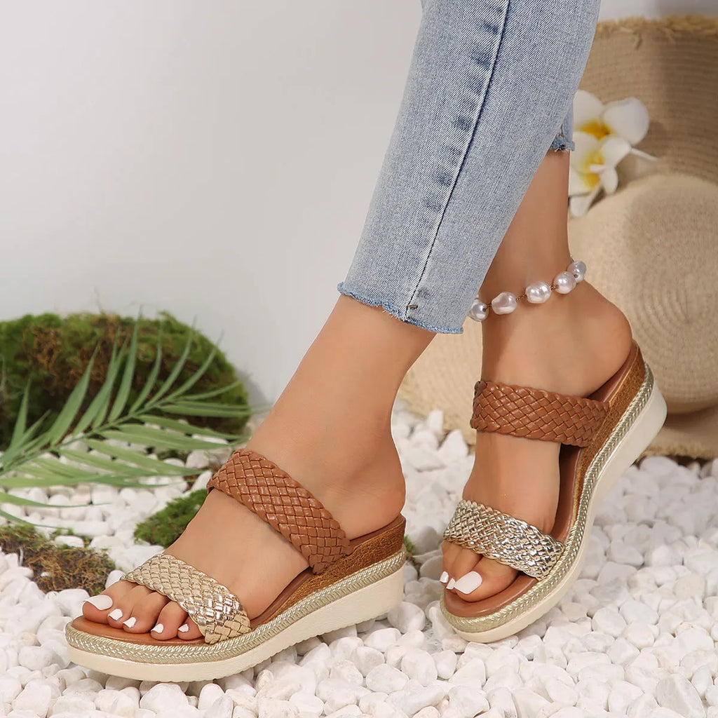 Gold and silver plus-size women's wedge sandals with PU upper and rubber sole.