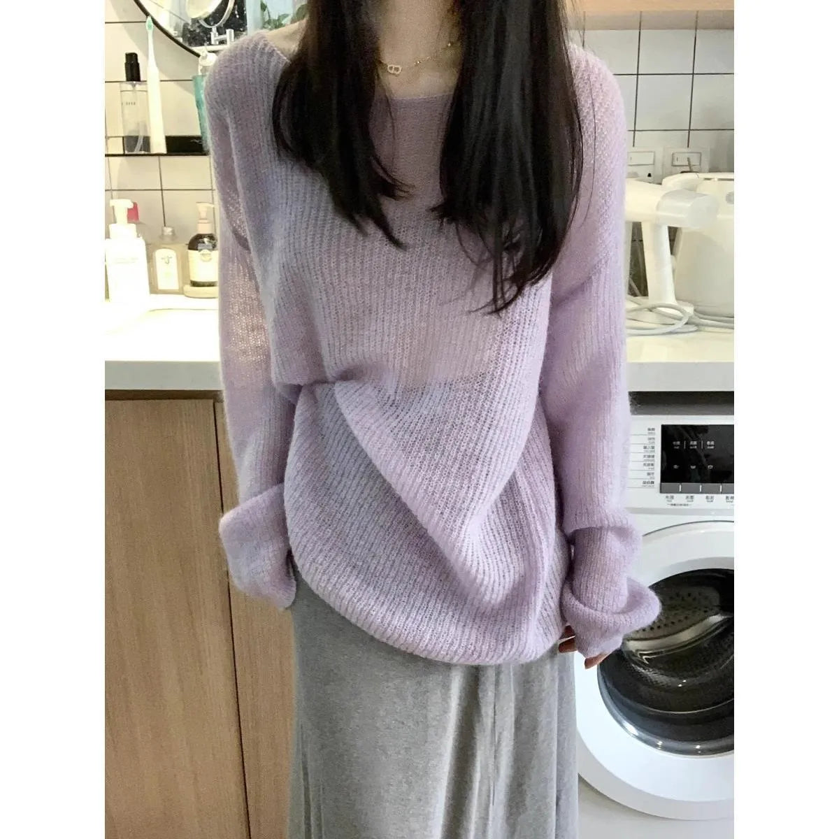Purple women's blouse with princess sleeves and shoulder strap design in lightweight ice silk fabric
