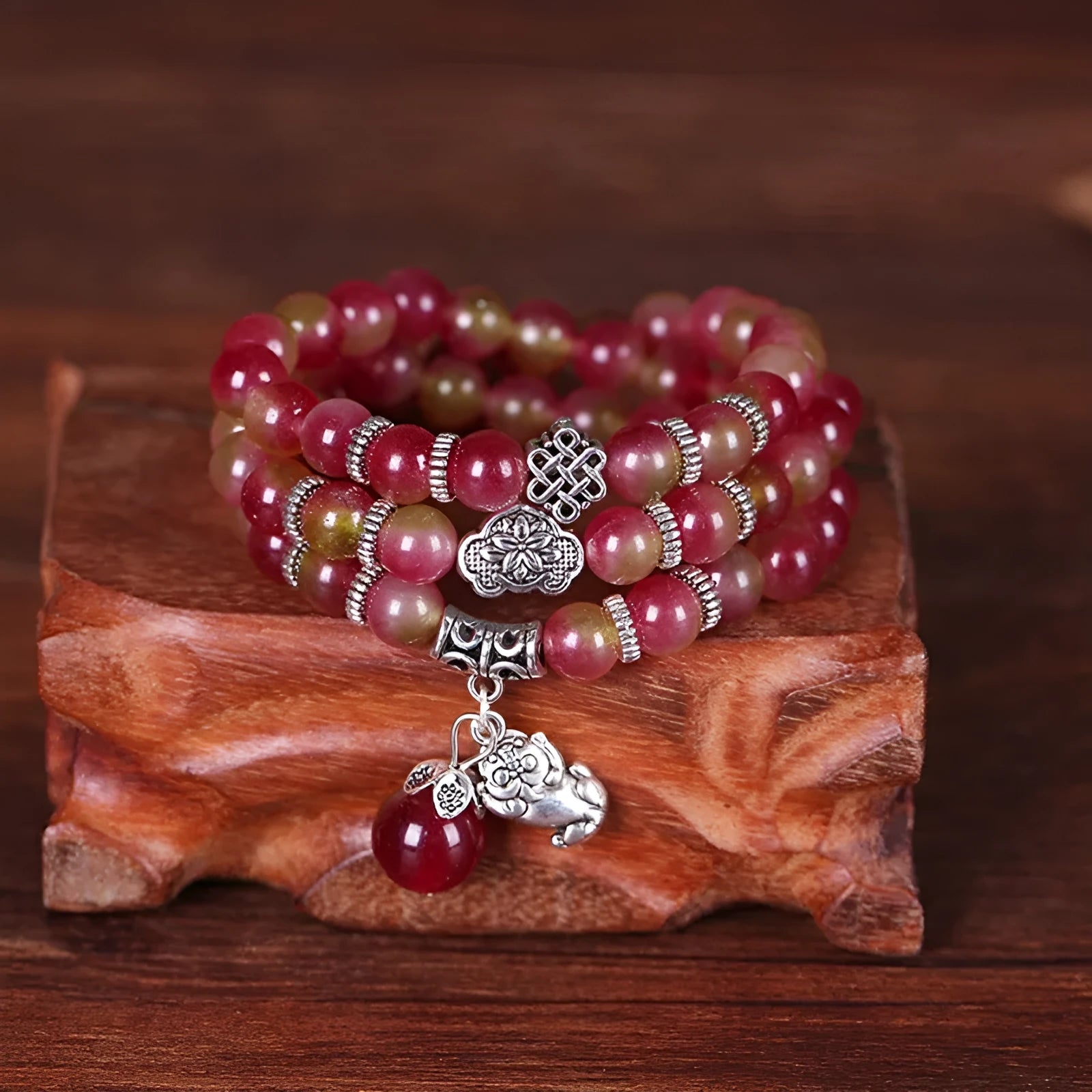 Handmade watermelon crystal bracelet with Chinese knot and geometric beads
