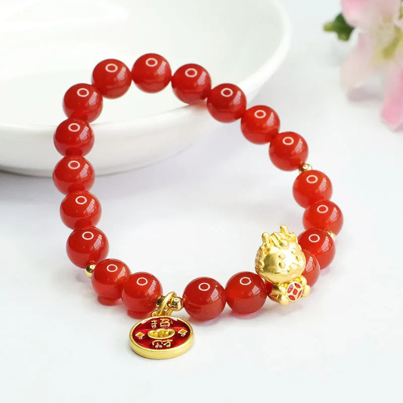 Red agate bead bracelet with Chinese style design for Dragon zodiac sign, showing 8mm bead size.