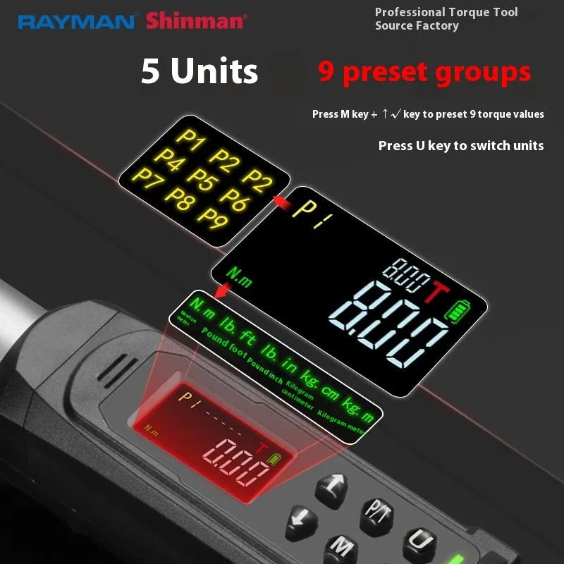 Digital display torque wrench with chrome-vanadium steel construction and triple warning indicators