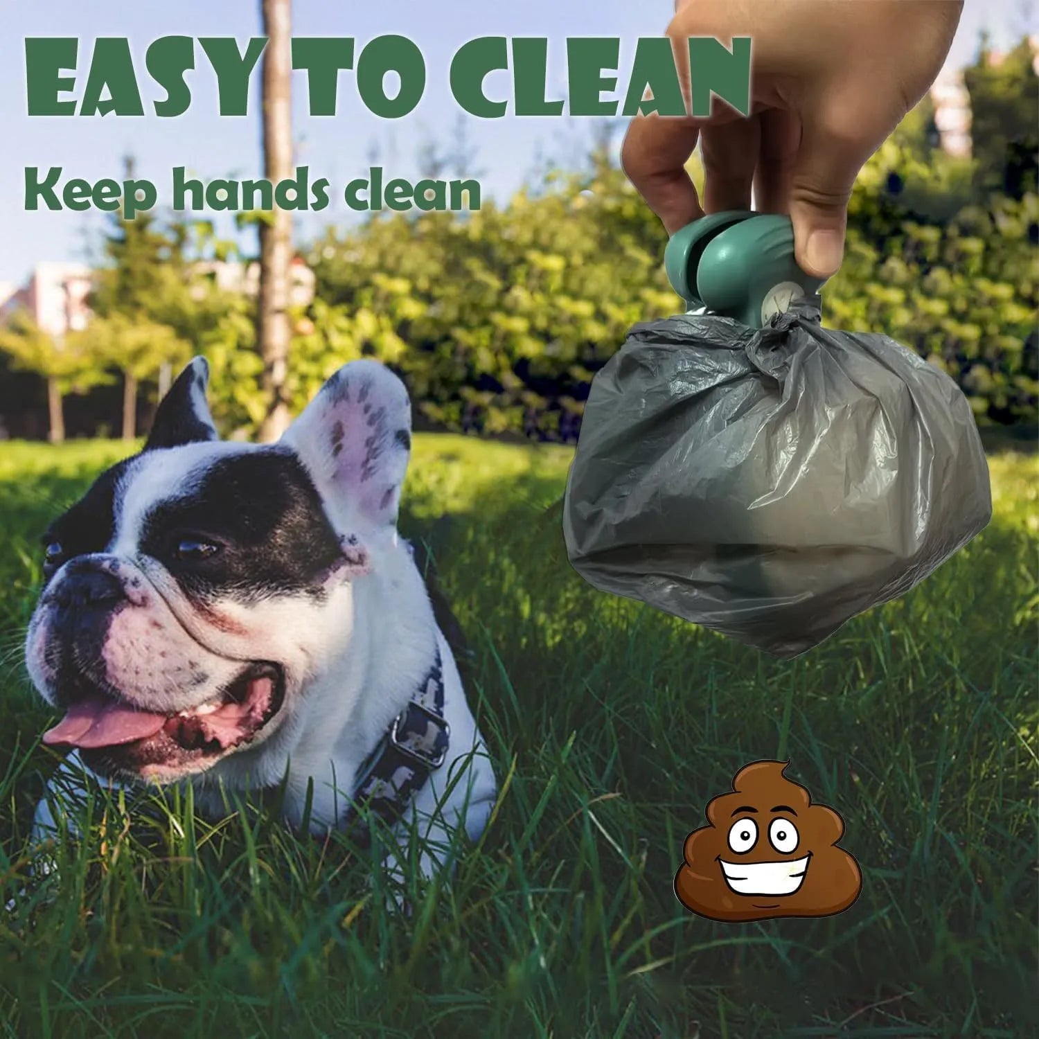Blue portable dog pooper scooper with clip, shown with expanded waste container and bag dispenser.