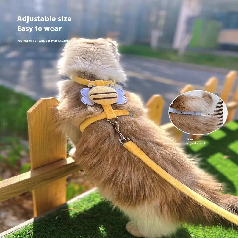 Bee-shaped adjustable cat leash in blue, pink, or yellow with strap and hand rope.