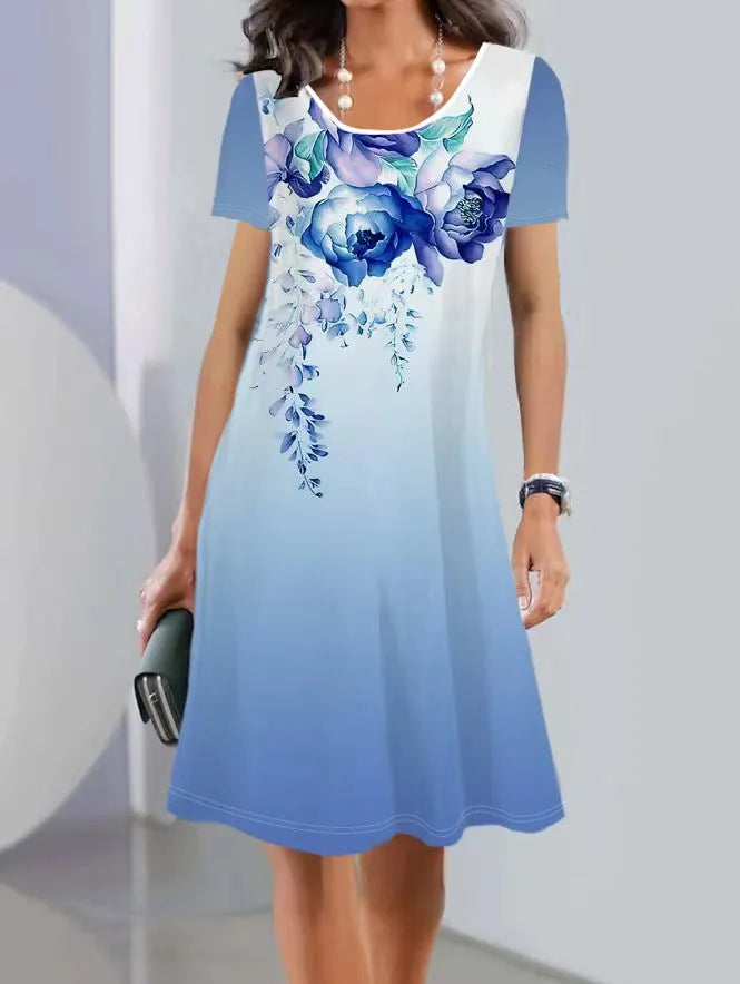 Women's floral print mid-length dress with short sleeves and A-line skirt in ice silk fabric