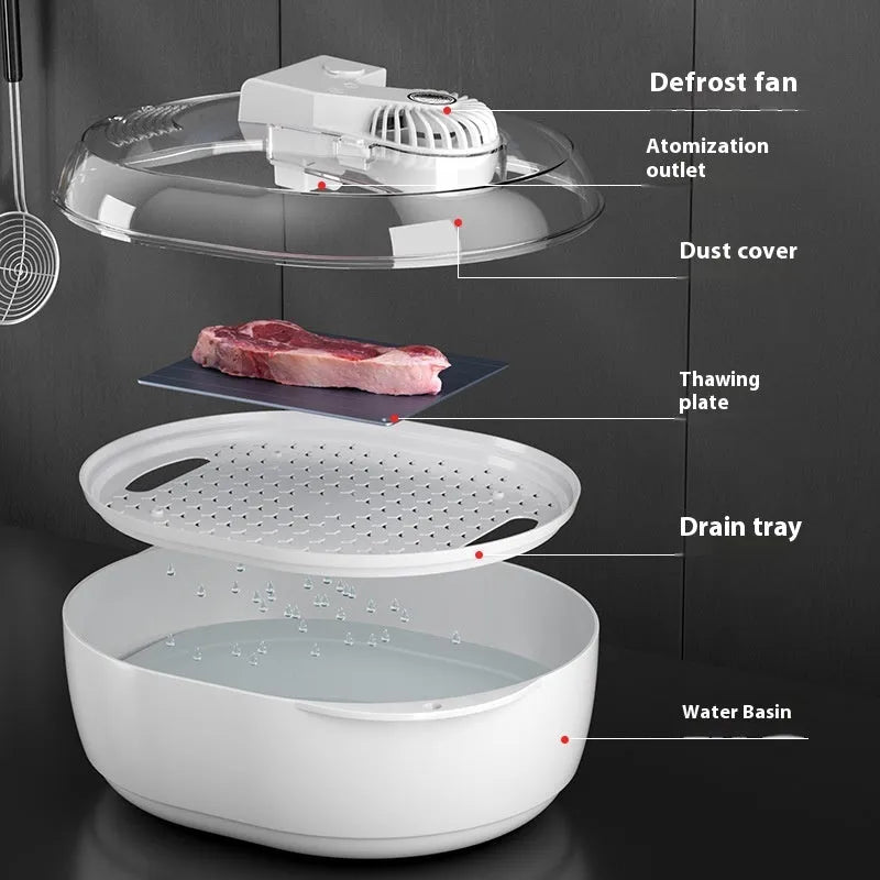 Aluminium household quick defrosting plate device with separate board and USB cable on a kitchen counter.
