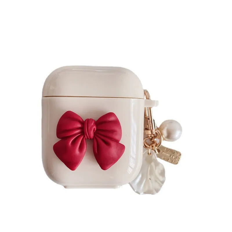 Beige red bow shell TPU AirPods case with clamshell design for AirPods Pro