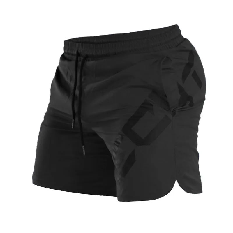 Men's black elastic running shorts with quick-dry fabric and knee-length design for summer training