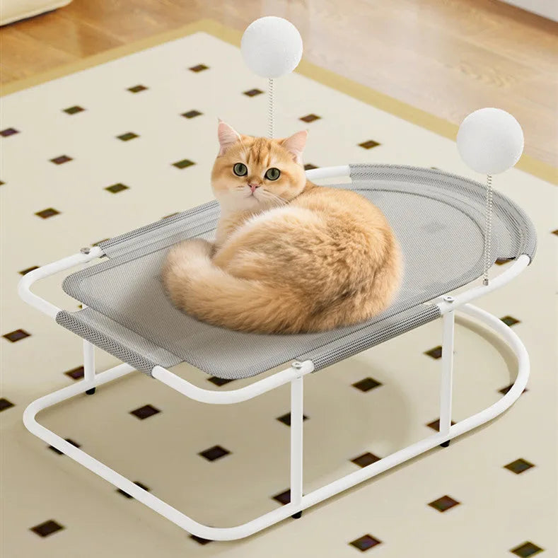 Large grey fabric cat kennel with breathable bracket design, serving as a summer pet bed.