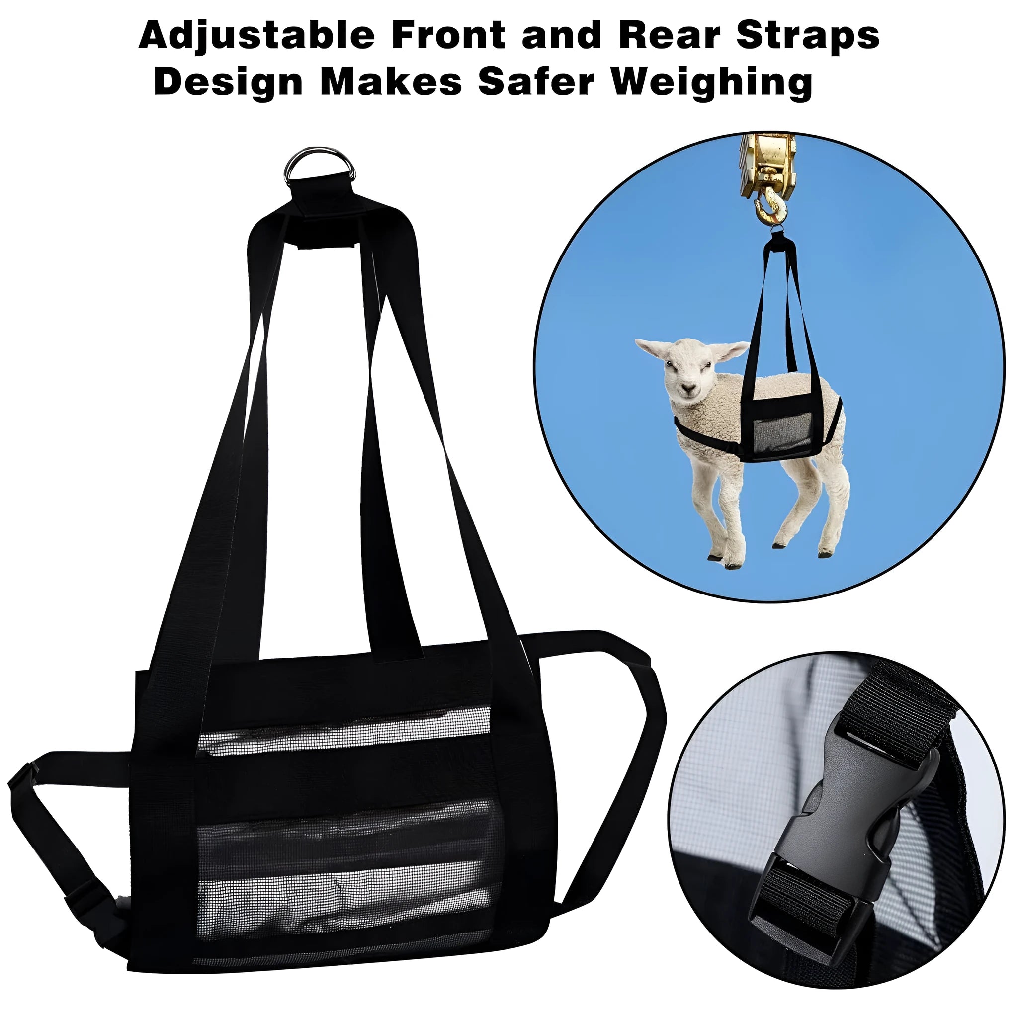 Large black polyester sling for weighing calves and small animals, measuring 35 cm wide.