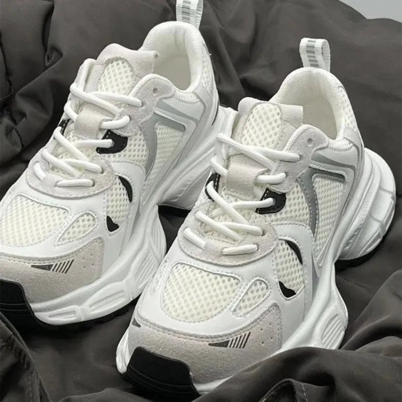 Beige mesh platform shoes with wedge heel and front lace-up closure