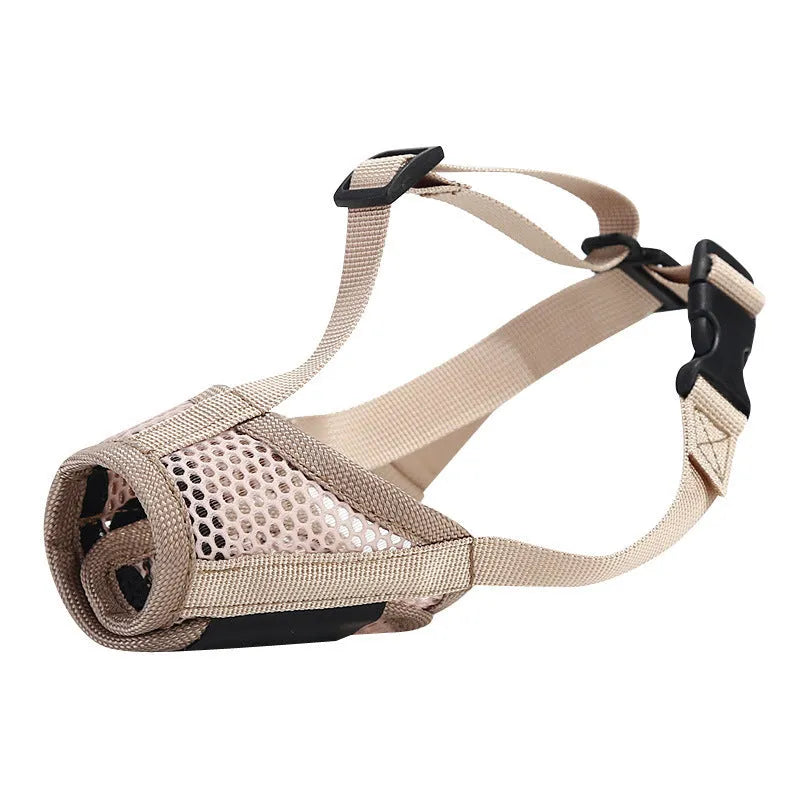 Pet dog anti-bite breathable mesh muzzle in khaki with drinking faucet opening, five sizes available
